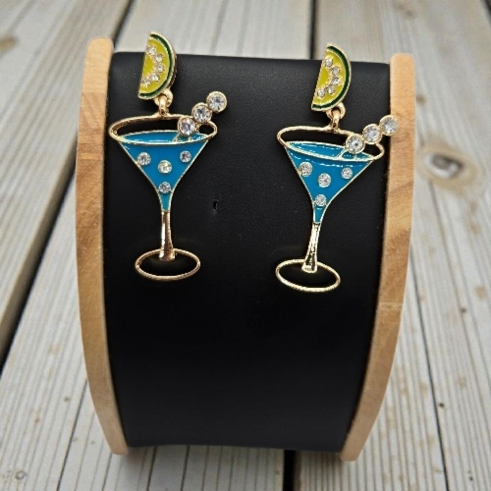 Blue Enamel Martini Glass Rhinestone Cocktail Earrings Sparkly Statement Jewelry